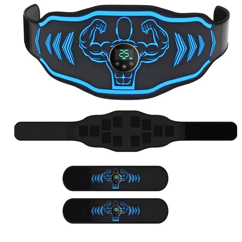 Blue and orange EMS smart massage belt with host unit, main belt, and arm stickers