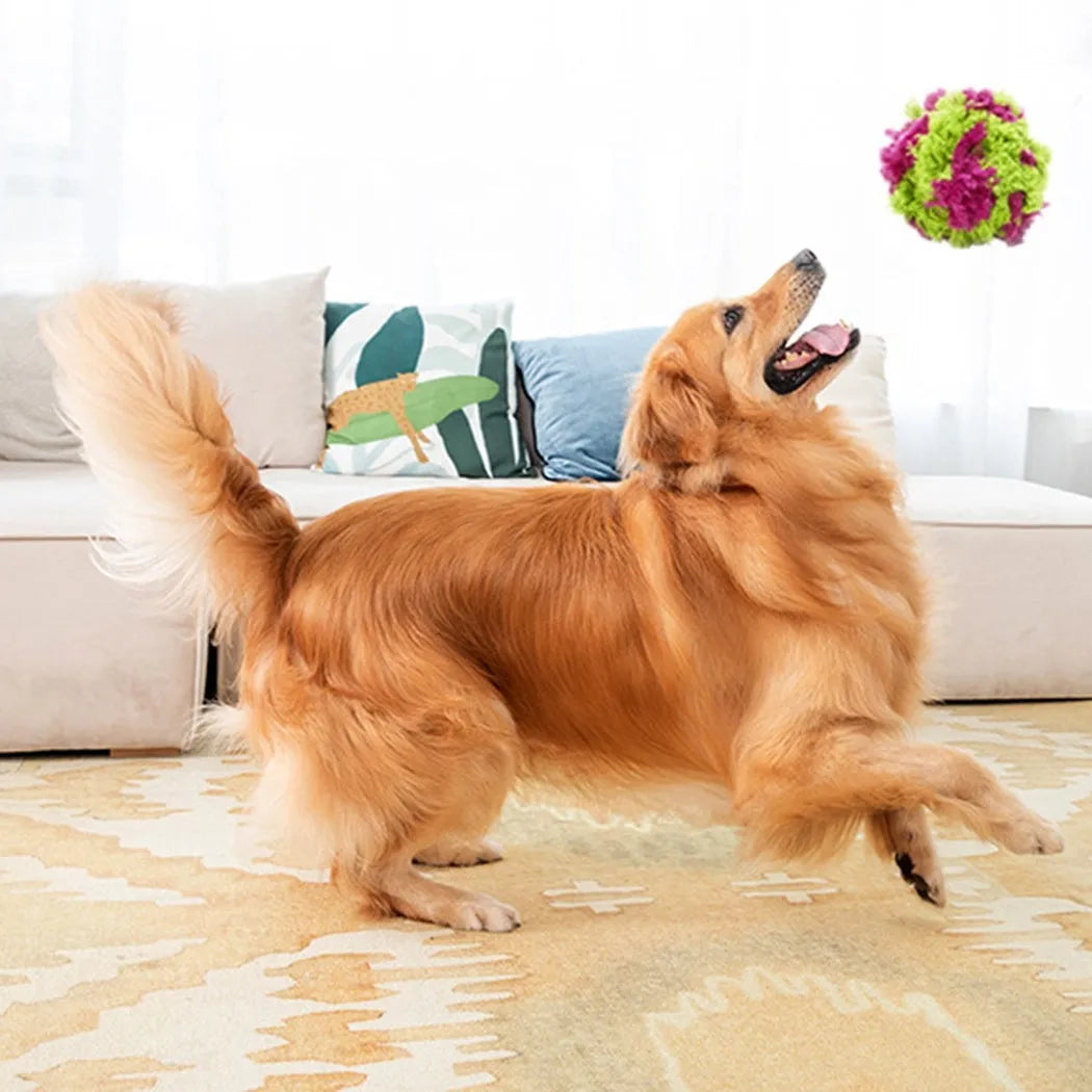 Purple plush dog ball toy with seaweed rope knots, 15cm diameter teething and interactive play toy