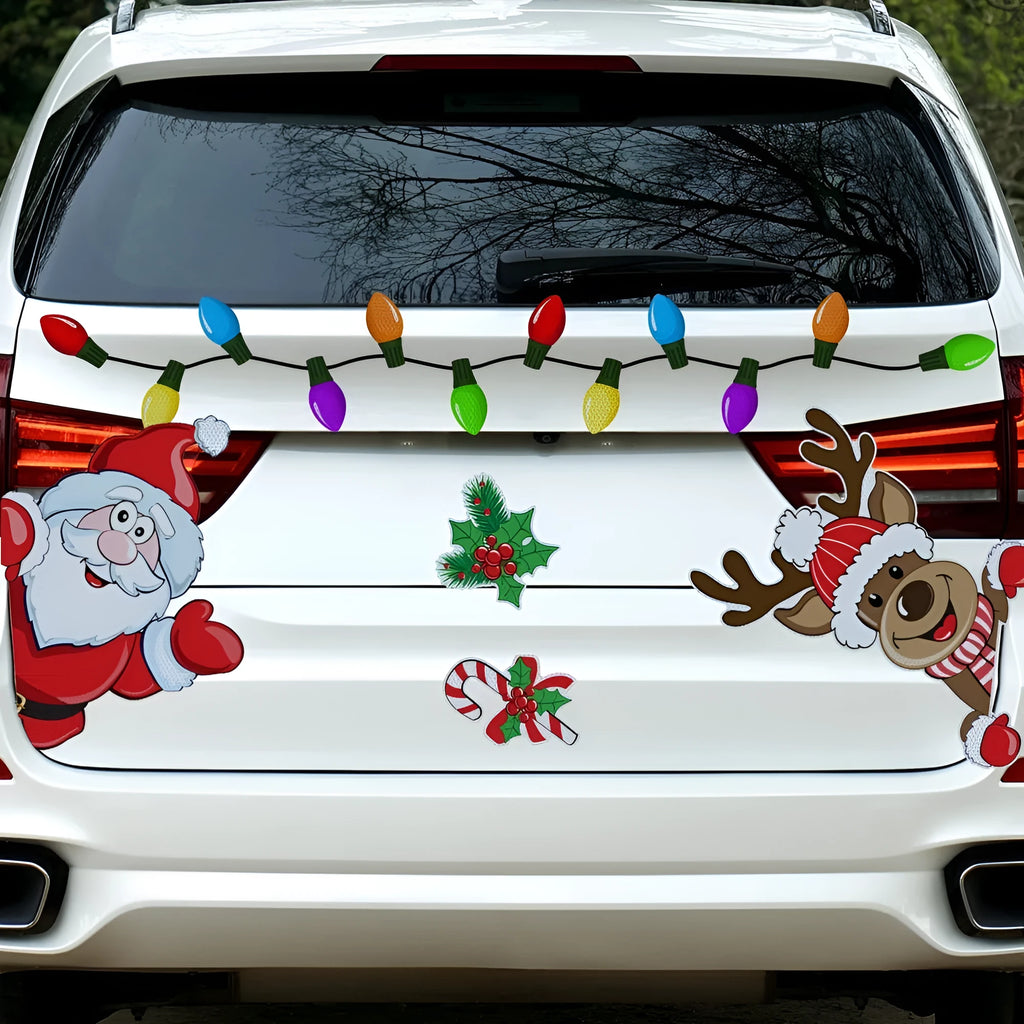Cartoon-style Christmas elk reflective magnetic sticker on a glass surface.