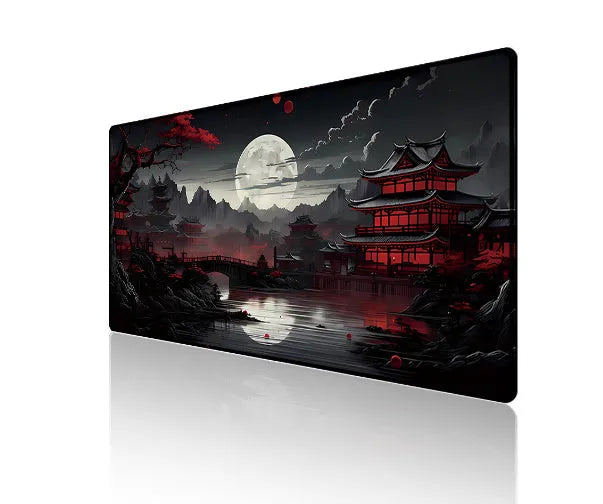 Anime-themed gaming mouse pad on a desk, showing non-slip rubber base and printed cloth surface.