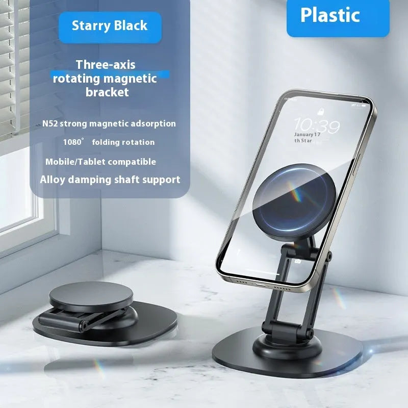 360 rotating foldable phone stand in black ABS material on a desk for live streaming