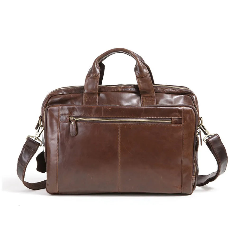 Brown leather men's business briefcase with 18 inch capacity and visible cowhide patterning