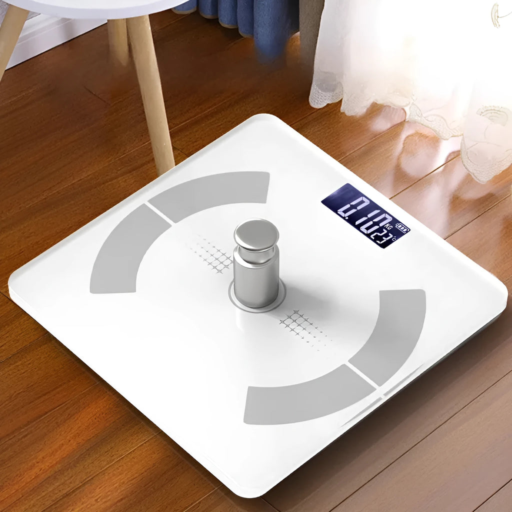 Smart Bluetooth rechargeable body fat scale in white, black or pink colours on bathroom floor