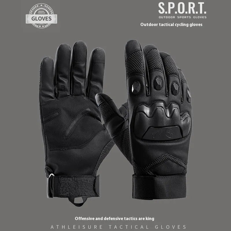 Men's black tactical gloves with full finger design and touch screen compatible fingertips