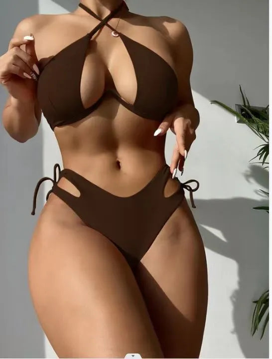 Women's halter-neck bikini swimsuit set in brown, blue, or black with matching briefs