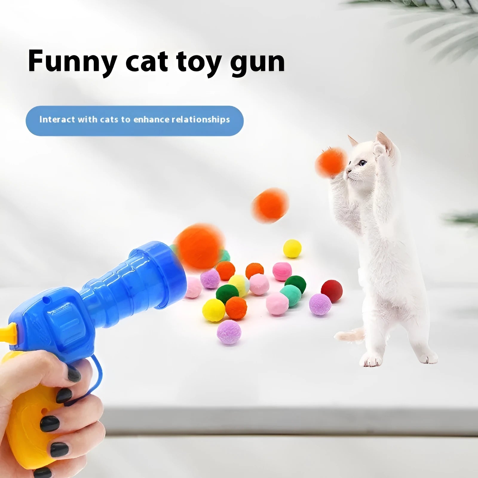 Interactive pet toy gun with soft plush balls for 30cm launching cat games