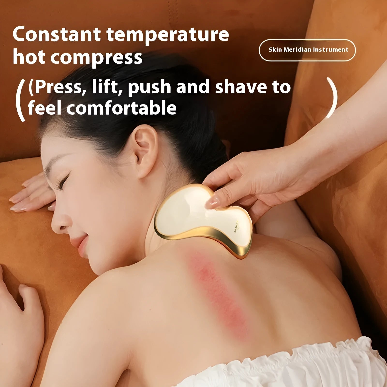 Electric scrapping plate device with USB charging cable for skin meridian therapy with hot compress and vibration massage