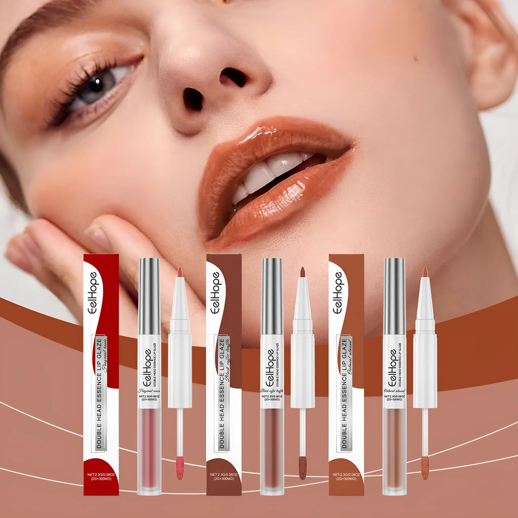 Double-headed lip liner and lip lacquer pen in three matte shades: black coffee truffle, fragrance attack, and oat almond.