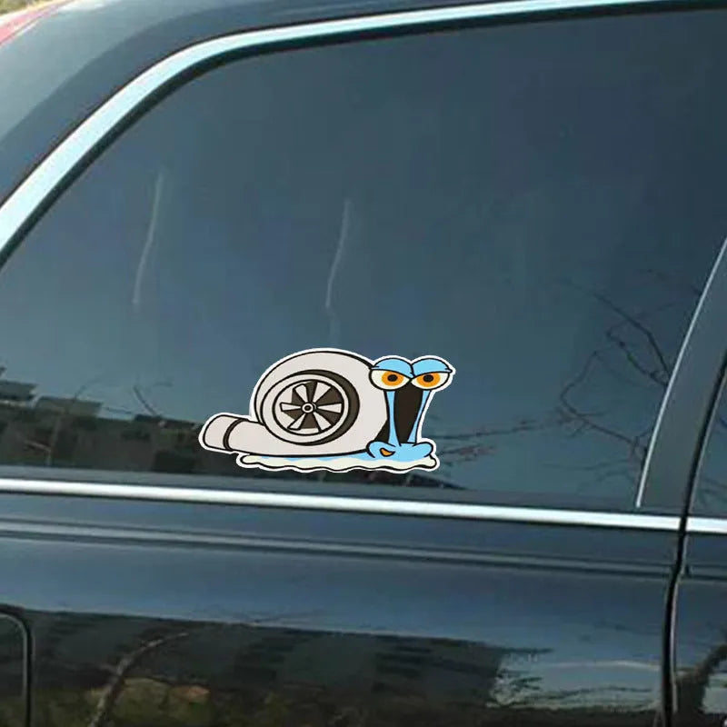 Reflective snail cartoon car bumper sticker measuring 12 by 8 centimetres