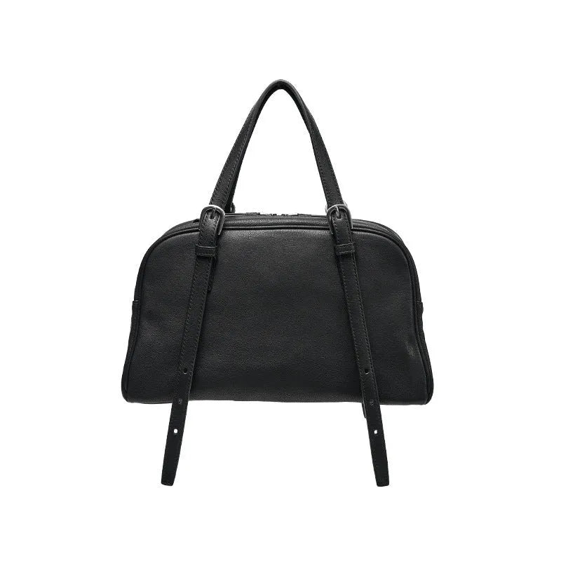 Women's black genuine leather retro shoulder bag with horizontal square design and double straps