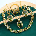 Olive green and red women's jewellery set with zircon stones, snake bone chain necklace, earrings, and ring.