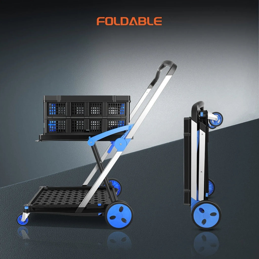 Foldable shopping cart with two blue plastic baskets on a wheeled frame.