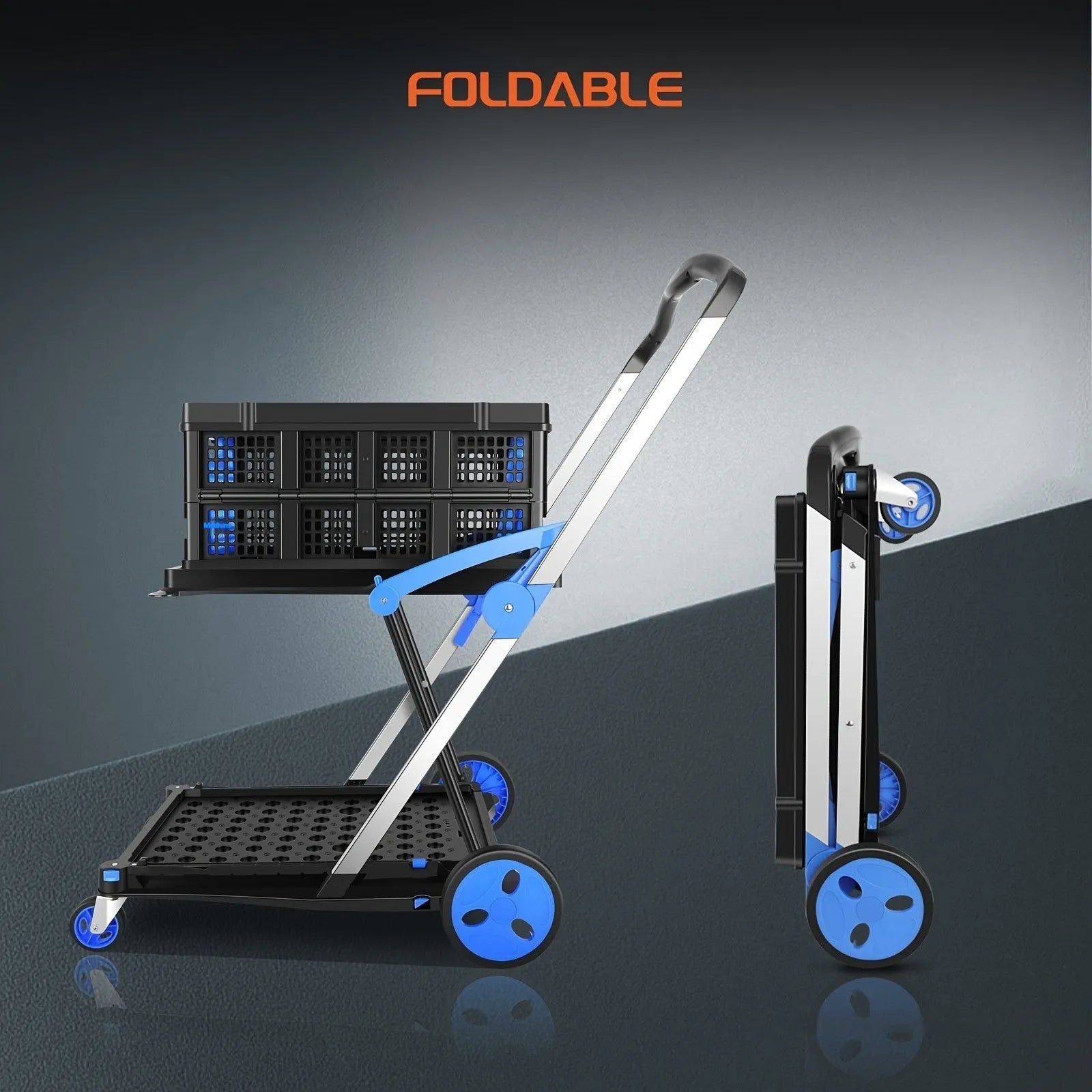 Foldable shopping cart with two blue plastic baskets on a wheeled frame.