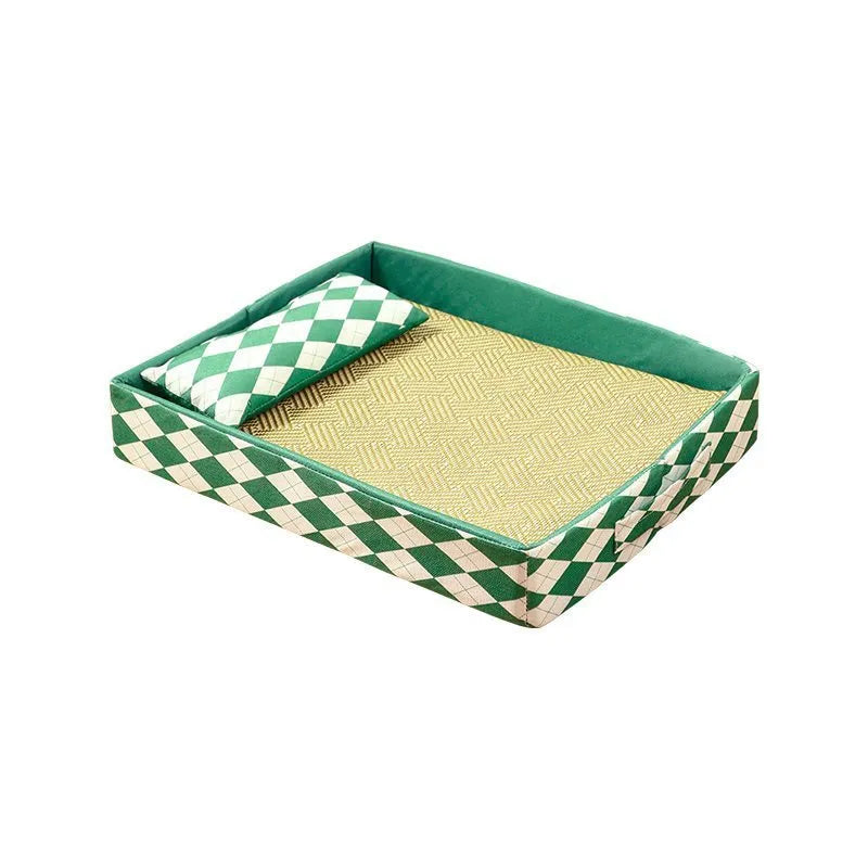 Natural rattan woven cat litter mat with removable bamboo cotton cushion cover in blue.
