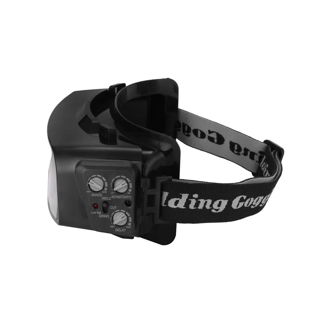 Black automatic darkening welding mask with a large rectangular LCD viewing lens.