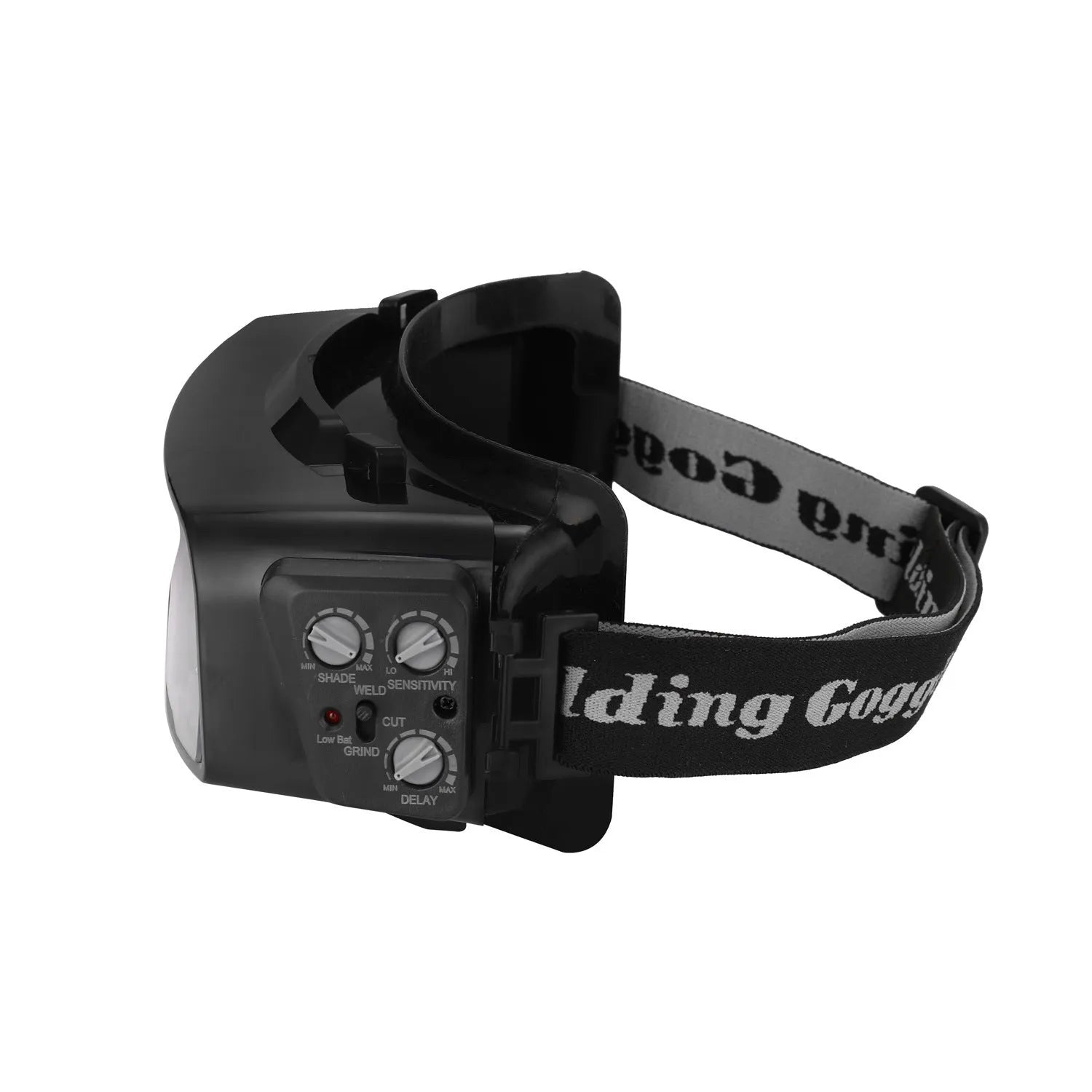 Black automatic darkening welding mask with a large rectangular LCD viewing lens.
