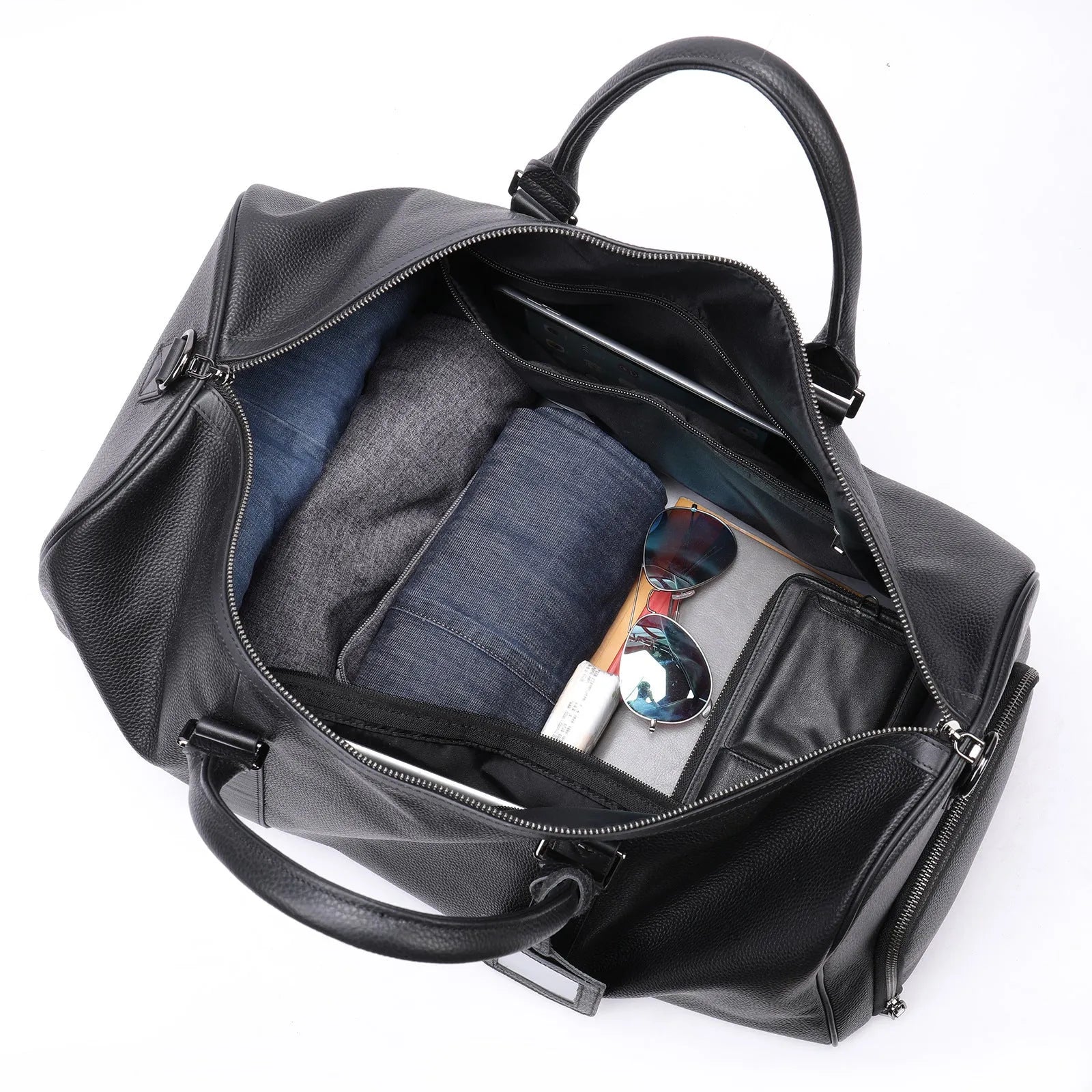 Men's black and coffee brown cowhide leather tote bag showing 44cm and 55cm size options.