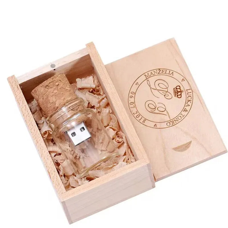Clear glass drift bottle shaped USB flash drive with a wooden cork stopper, showing dimensions.