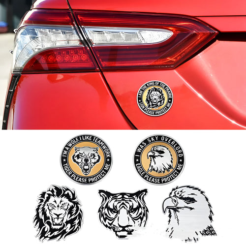 Aluminium metal sticker for car body featuring lion, eagle, and tiger design options.