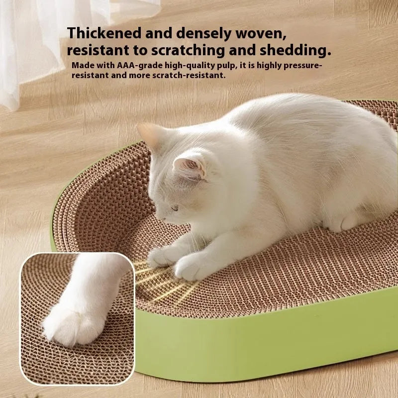 Green oval corrugated paper cat scratch board and nest, 55cm diameter