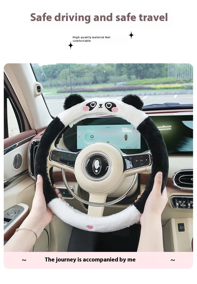 Winter plush steering wheel cover with embroidered cartoon animal design on 38cm steering wheel