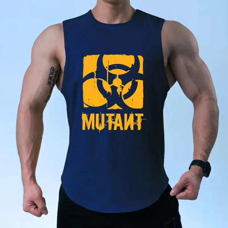 Men's loose training sleeveless shirt vest in multiple colour options including dark blue with yellow mark and red semicircle designs