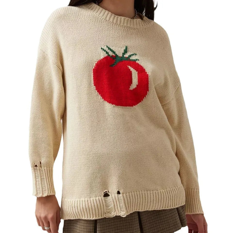 Women's loose-fitting acrylic pullover sweater with Jacquard texture in milky white