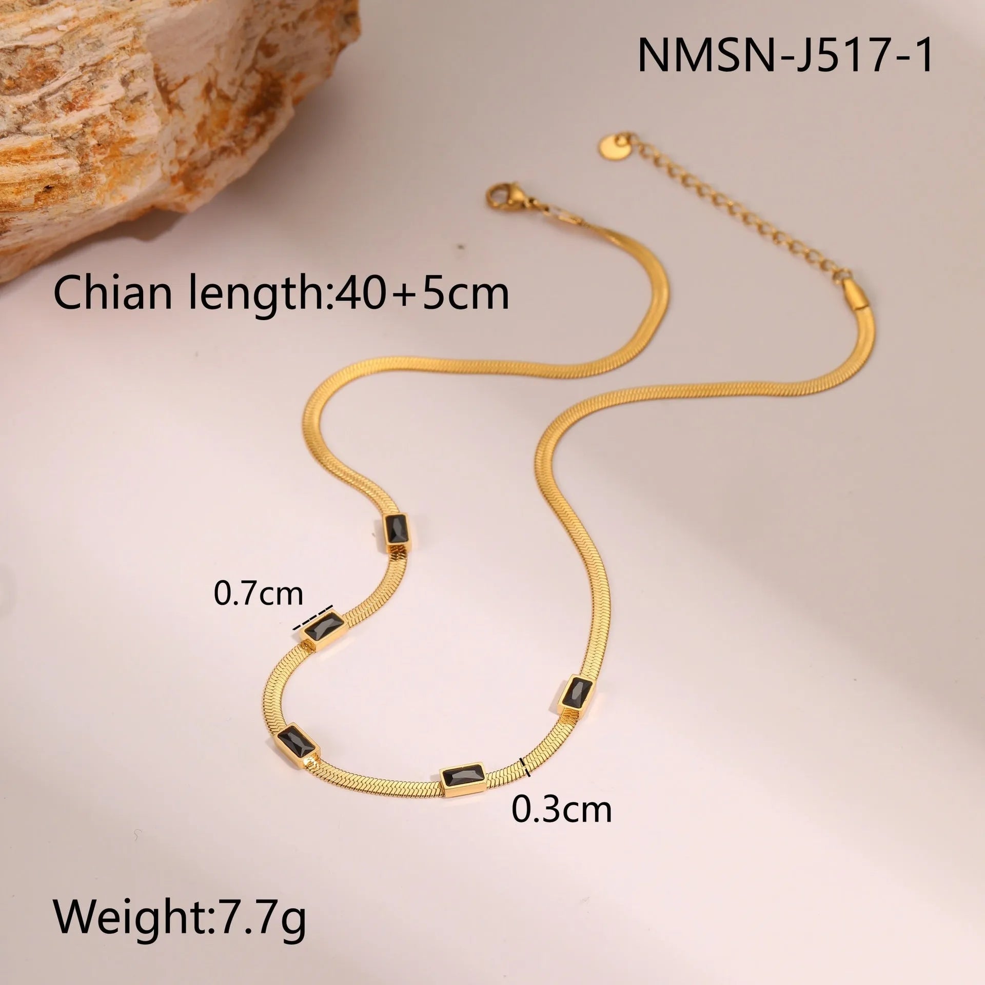 Geometric square zircon necklace on flat snake chain with gold or steel colour electroplated finish