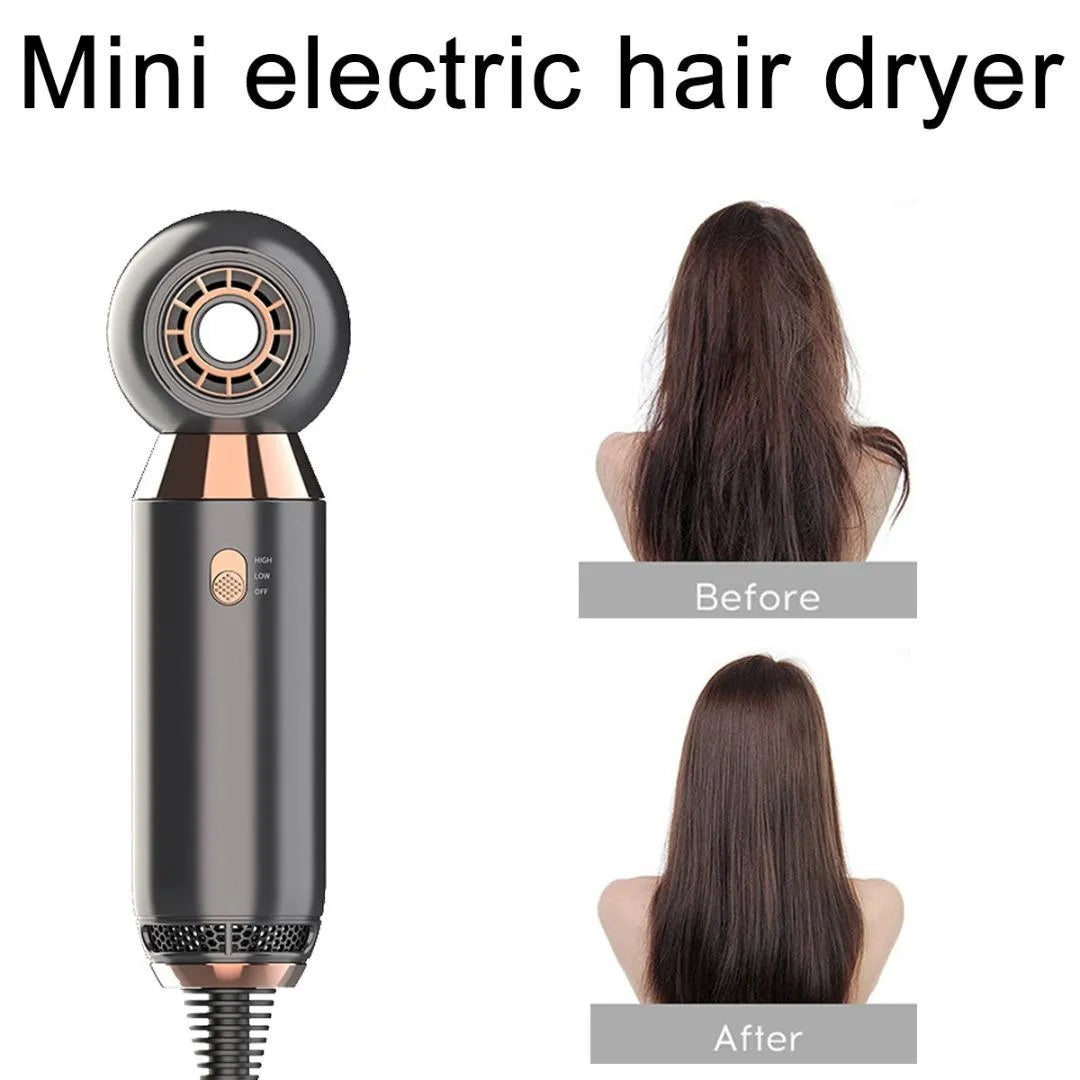 Compact leafless hair dryer with diffuser attachment showing 20cm length and lightweight design