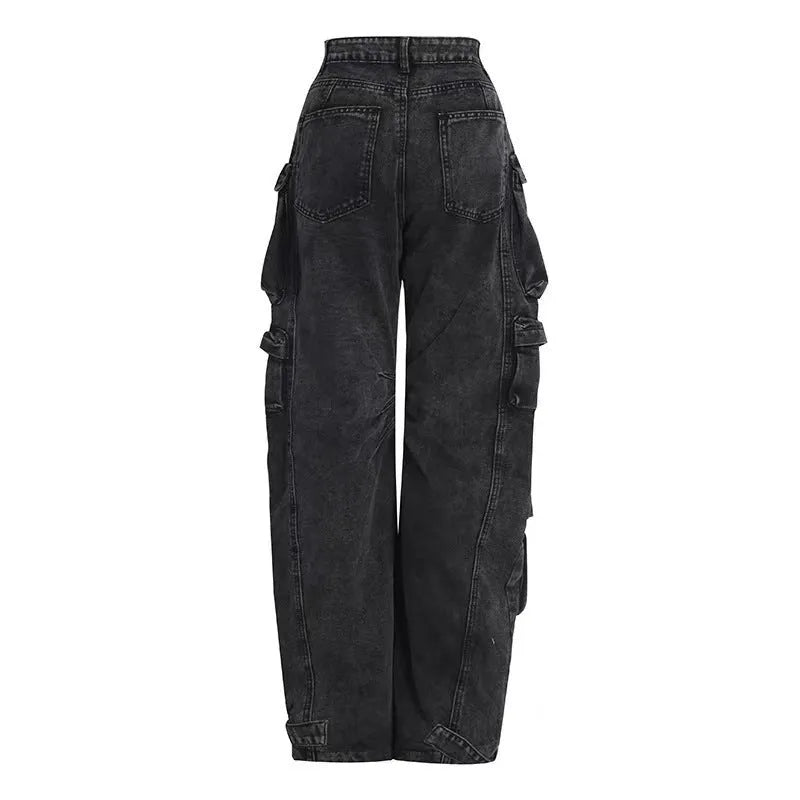 Woman wearing blue tie-dyed high waist wide leg denim trousers with multiple pockets