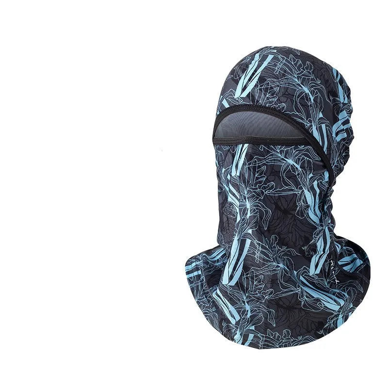 A cotton motorcycle head cover and gloves set for men and women, shown in a patterned colour.