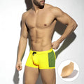 Men's polka dot print quick-dry swimming boxers in black, dark blue, or yellow.