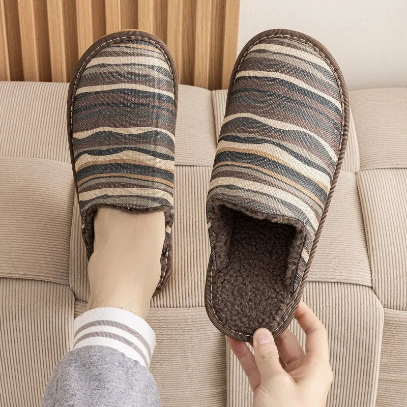 Household cotton slippers with linen surface in floral pattern colours and PVC sole