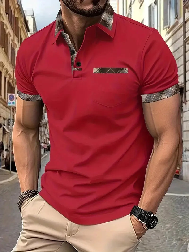 Men's plaid colourblock T-shirt with zip decorations in loose fit style
