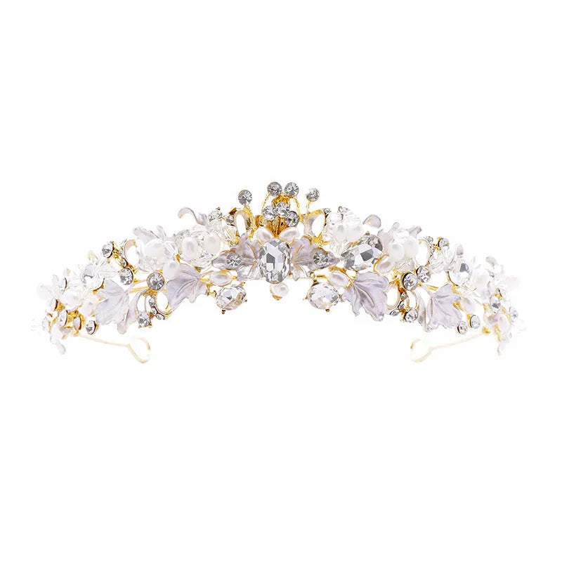 Gold and silver pearl crown headdress for women with alloy electroplated finish