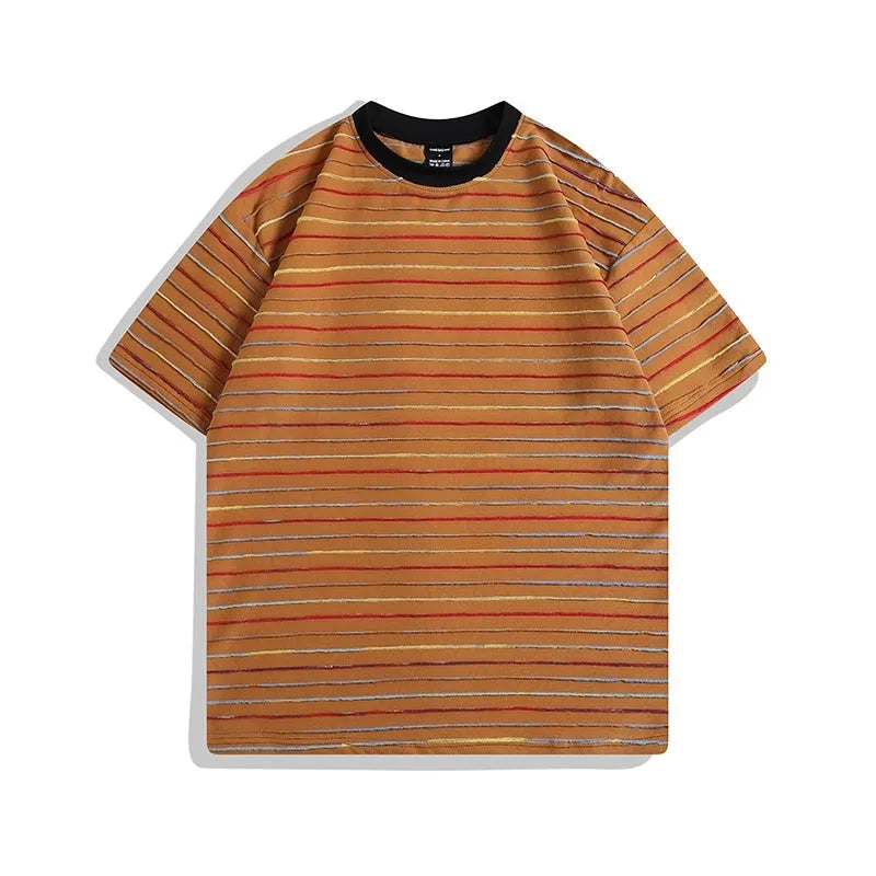 Striped loose fit half sleeve couple's T-shirt in apricot colour with round neck and Asian sizing