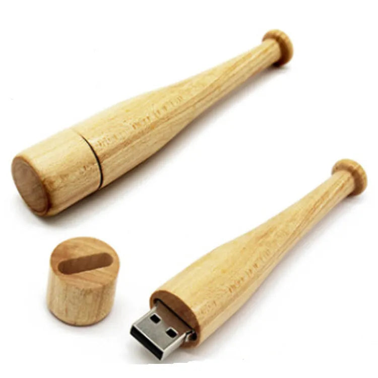 Baseball bat shaped USB flash drive with wood shell and USB connector showing storage design