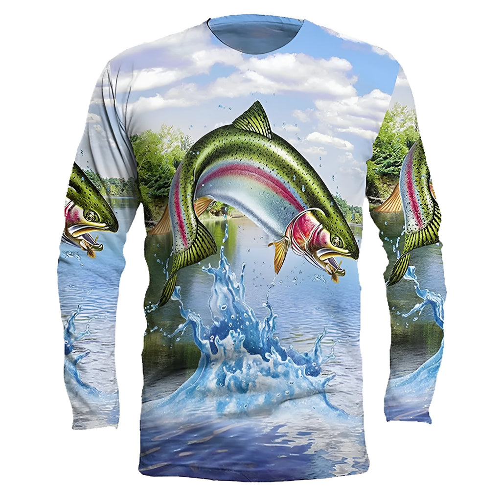 Men's grey pullover with a large printed blue fish design on the front, featuring long sleeves and a round neck.