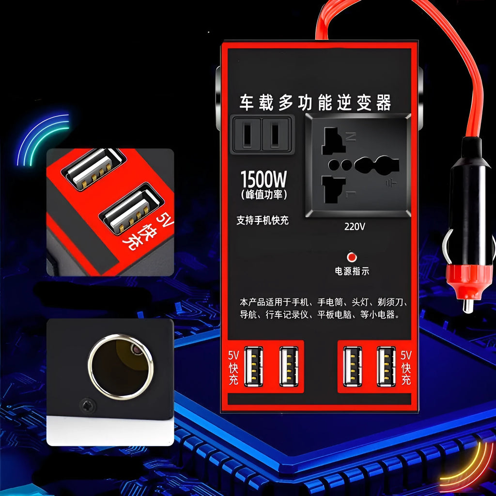 Black car power converter with 12v24v to 220v conversion and 4 USB charging ports