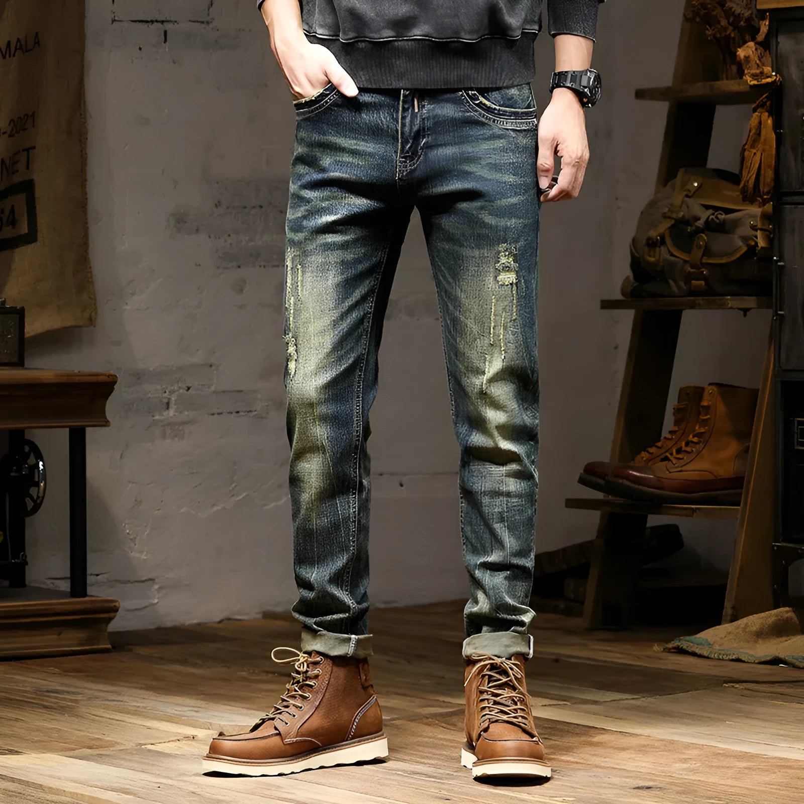 Men's skinny fit stretch denim jeans in a retro colour with a zip fly, laid flat.