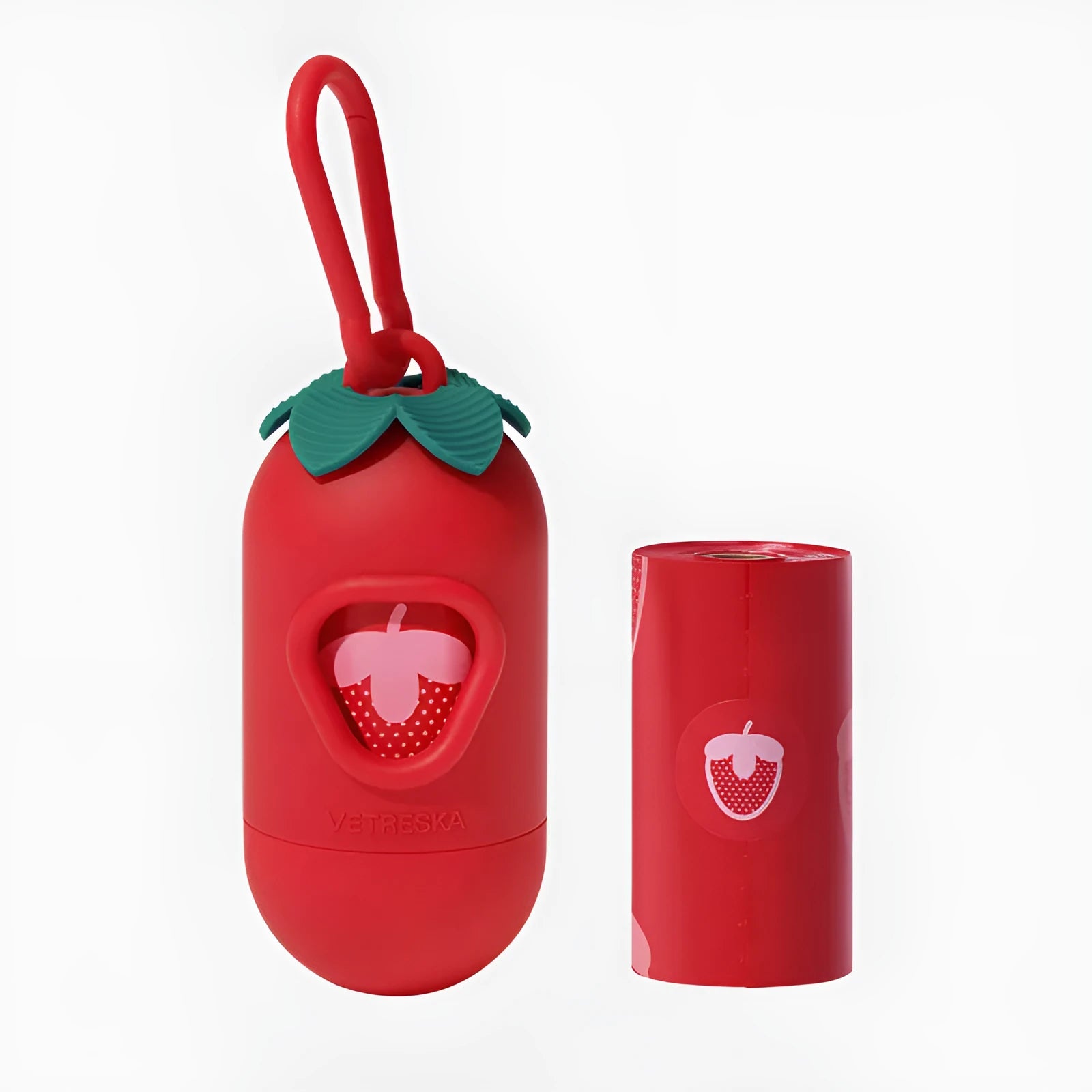 Dog poo bag dispenser capsule with scented refill roll in strawberry pattern design