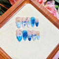 Blue hand-painted carved summer ice transparent fake nails set with plastic wearable armour