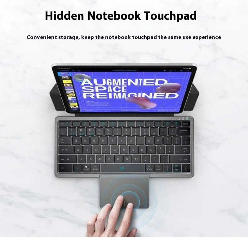 Black and grey three-in-one wireless Bluetooth keyboard with touch pad and leather sheath stand for iPad.