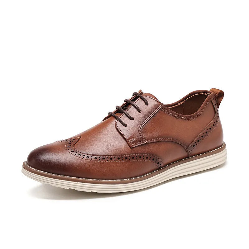Men's black and brown slip-on business casual shoes with round toe and carving details on low-top PU upper