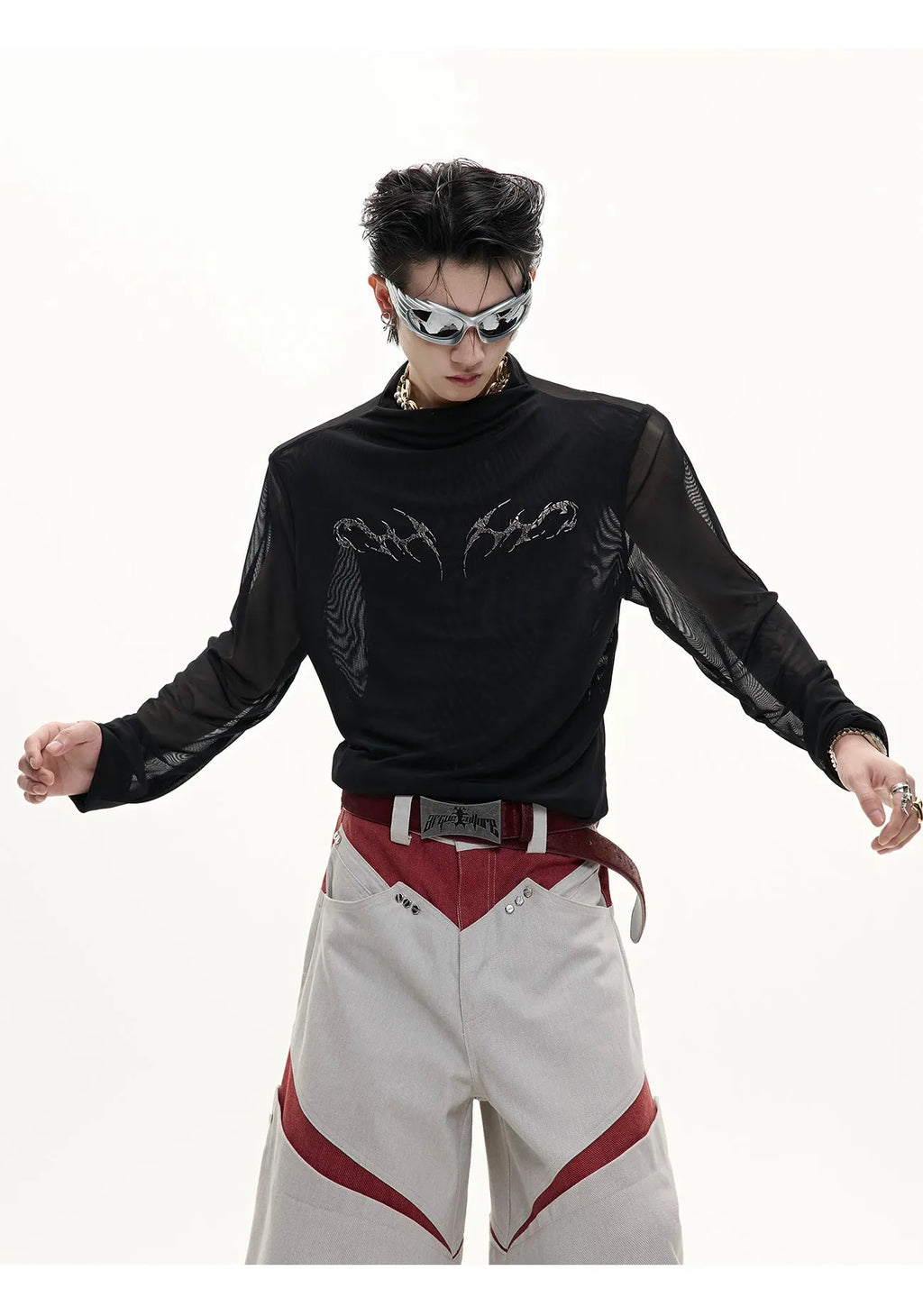 Niche mesh slim fit long sleeve shirt in black and white on a mannequin