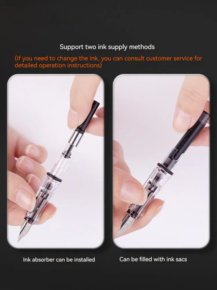 Automatic suction pen set with plastic body, two metal tip options, and a separate 40ml ink feeder tank.