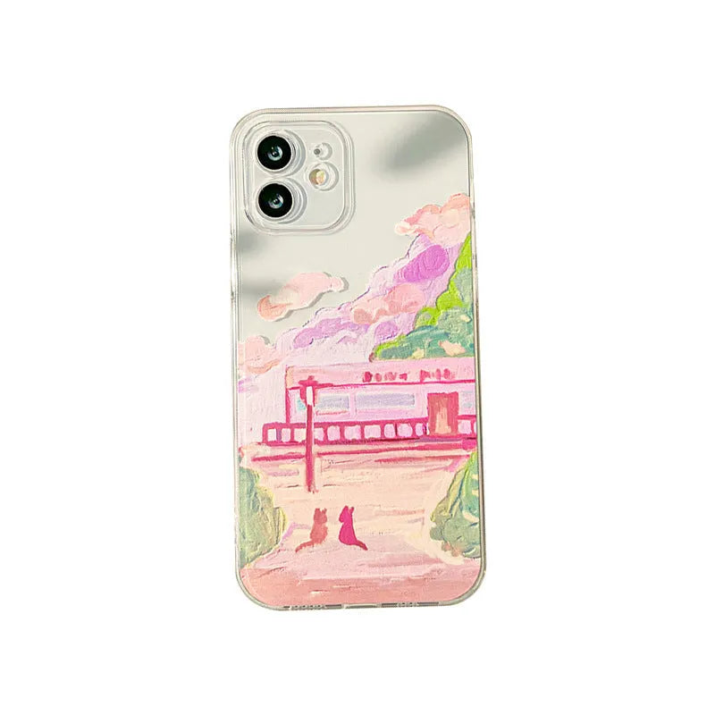 Soft silicone mobile phone case for iPhone with a colourful cartoon design of two cats on the back.