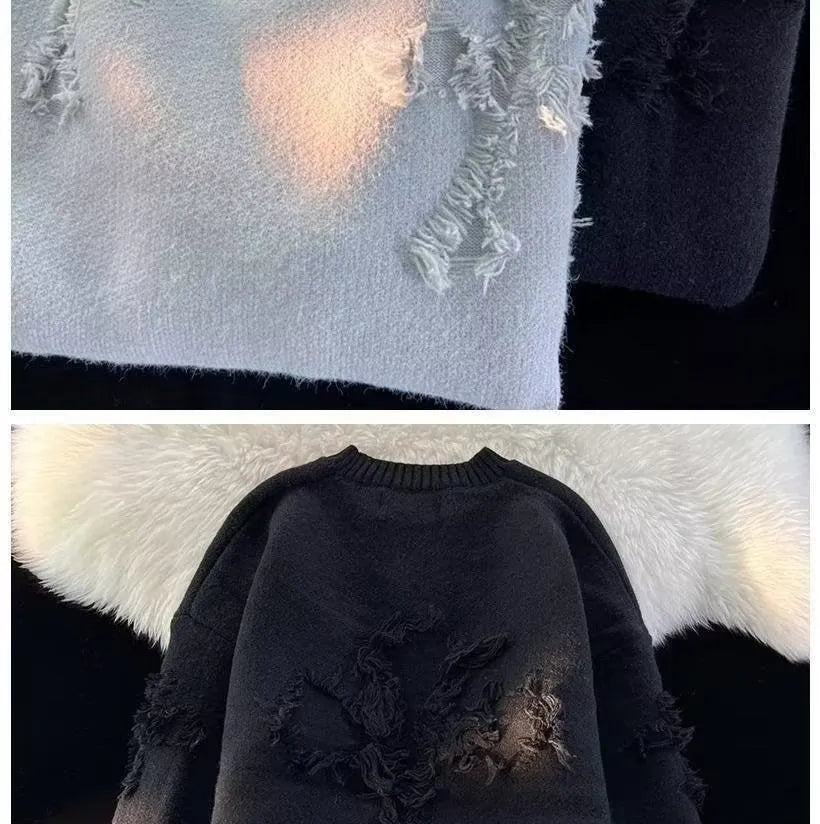 Men's ripped sweater hoodie in polyester fibre, available in apricot, black, and gray