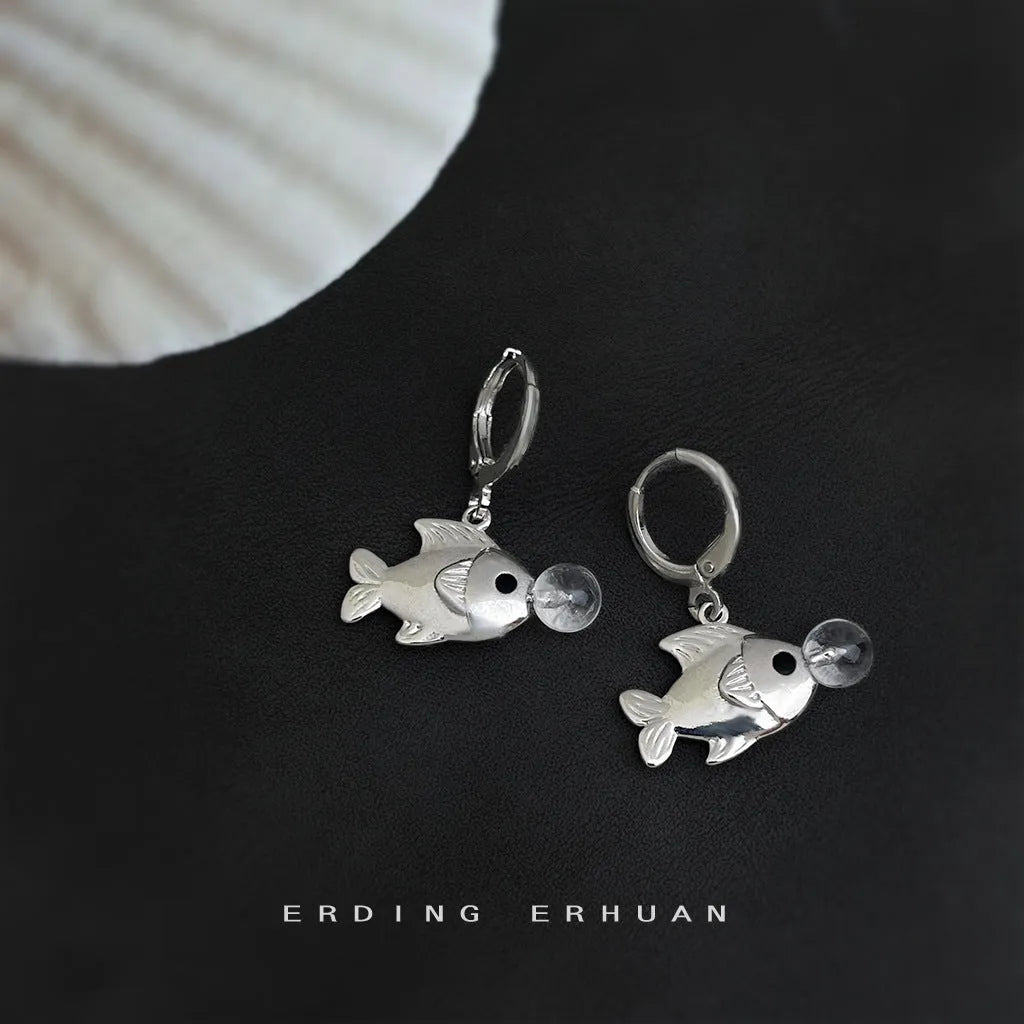 Copper electroplated bubble fish earrings with goldfish animal design