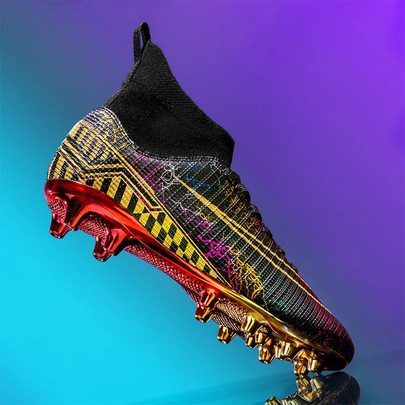 High-top male football training shoes with gold plated sole in black, white and mandarin duck colours